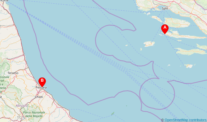 Map of ferry route between Hvar and Pescara